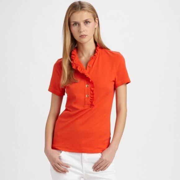Tory Burch Emily Ruffled Polo in Coral Orange size XL - Picture 1 of 8